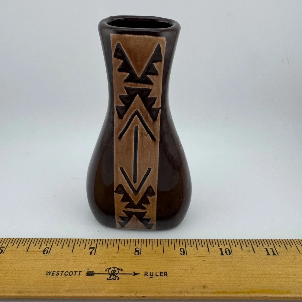 Sioux Pottery Brown Ceramic Bud Vase Hand Etched Irene Signed